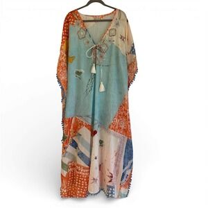 Debbie Katz South Beach Kaftan Dress XL Patchwork Embroidered Cotton Boho Maxi